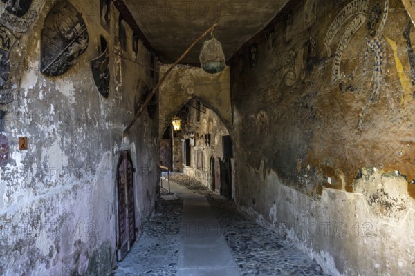 Passage with historical murals in the historic Meersburg Castle, museum, sight, Lake Constance,