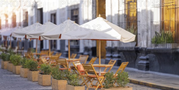 Peru, Colorful restaurants and colonial buildings of Arequipa in historic city center., South
