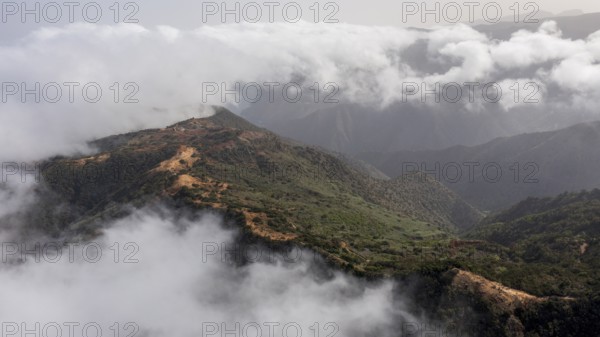 Aerial view, fog and typical landscape, La Gomera, Canary Islands, Spain, Europe