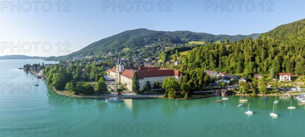 Bräustüberl and Schlosswirtschaft at Tegernsee, aerial view, Tegernsee, Bavaria, Germany, Europe