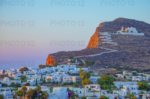 View of Chora village built on a cliff above the sea, Chora, Folegandros Island, Cyclades Islands,