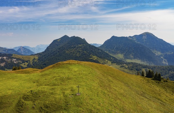 Drone shot, At the summit of the Taborberg with a view of the Gamsfeld, Osterhorn group,