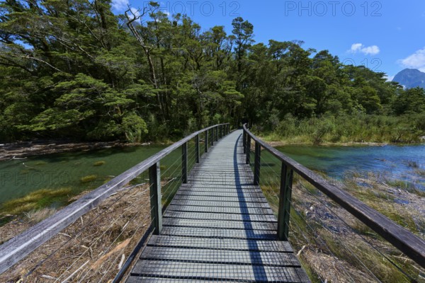 Curved wooden walkway leads over a clear river through a dense forest landscape under a sunny sky,