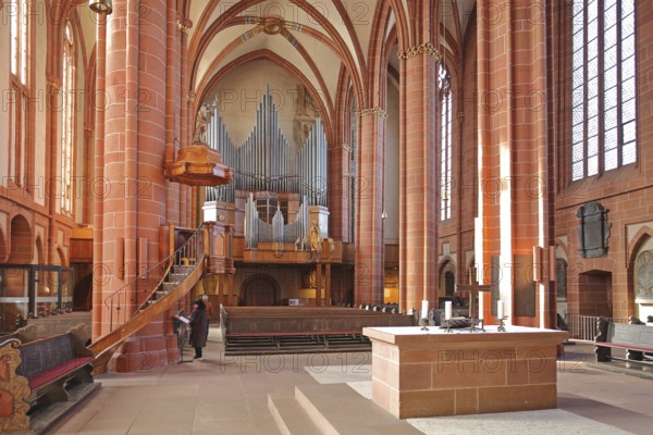 Altar, organ and pulpit with sounding board, interior view, pulpit cover, pulpit canopy, Our Lady's