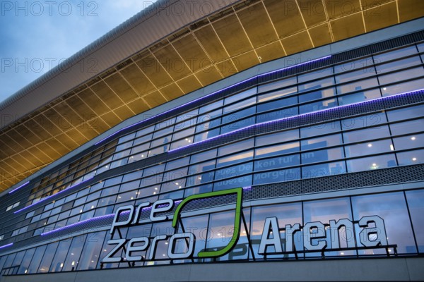 Exterior view, glass façade, logo, Europa League, PreZero Arena, Sinsheim, Baden-Württemberg,