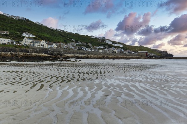 Coastline, sandy beach, sand ripples, dramatic cloudy sky, Sennen Cove, Whitesand Bay, Cornwall,