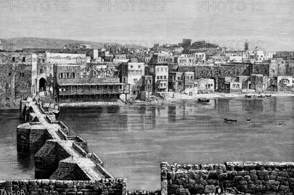 Town view of Sidon, view from the old fortress, pedestrian bridge crossing a river, rowing boats,
