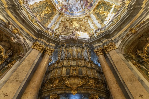 Organ in the interior of the monastery church of St. Georg Weltenburg near Weltenburg, Bavaria,