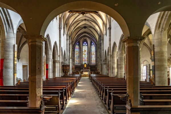 Interior of the Roman Catholic church of St-Grégoire or St Gregory in Ribeauville, Alsace, France,