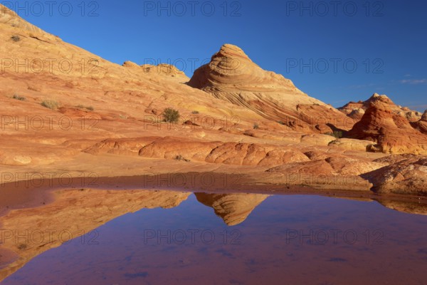 Dry desert landscape with rocks, a calm pool of water and a clear reflection under a bright blue
