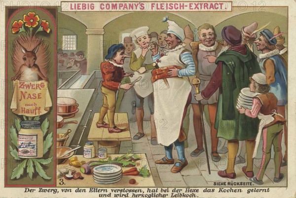 Picture series Dwarf Nose, 3, The dwarf, rejected by his parents, has learnt to cook from the witch
