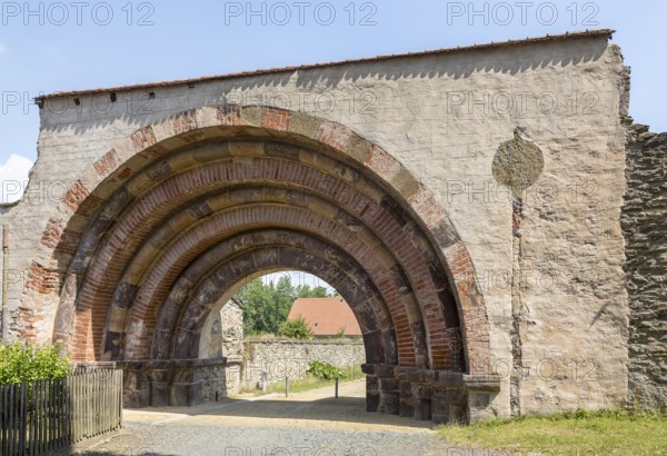 Romanesque portal as historical entrance to Altzella Monastery, Nossen, Saxony, Germany, Europe