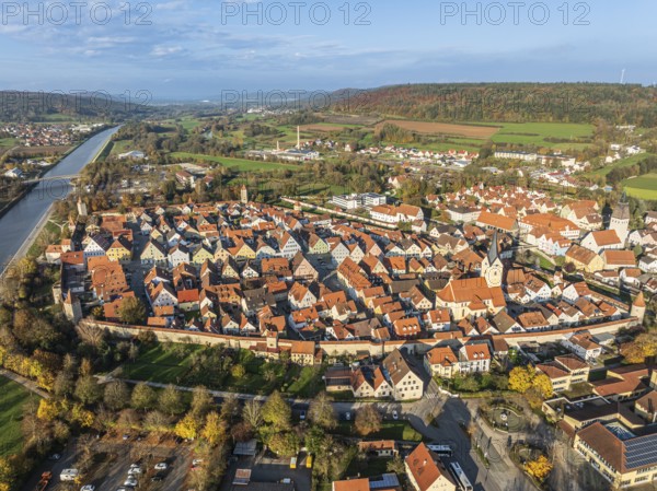 Historic center of village Berching, half-timbered houses, town wall, aerial view, Berching,