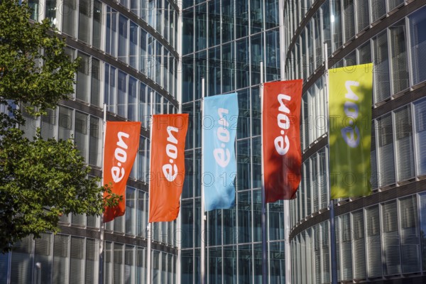 Essen, North Rhine-Westphalia, Germany, E.ON headquarters. e.on company logos on flags in front of