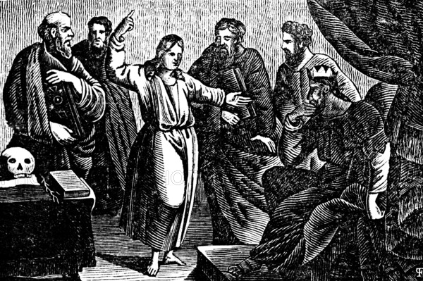 Joseph explaining his dreams to Pharaoh, group of men, skull, throne room, Egypt, Genesis, woodcut,