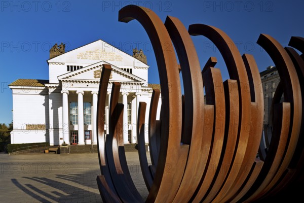 Opera Square with art sculpture 5 Arcs x 5 by Bernar Venet in front of the Deutsche Oper am Rhein,