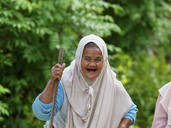 Old muslim woman, laughing with stick, Sulawesi, Indonesia, Asia