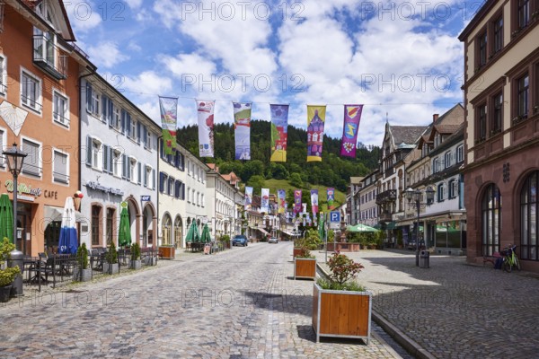 Historic buildings, old town, flower tubs, cobblestones, town festival, flags for the town