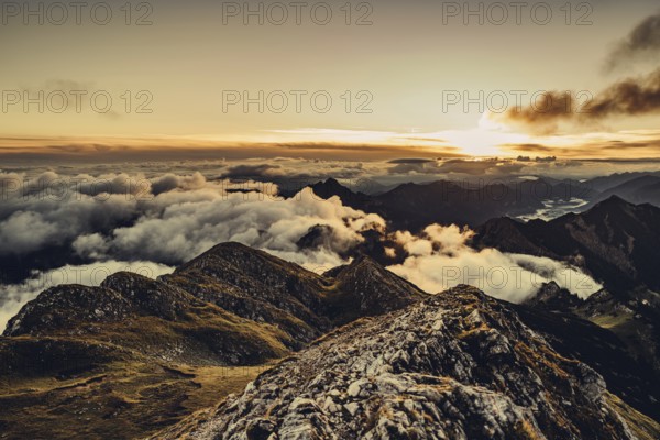 Sunrise hike on the Hochplatte in the Ammergau Alps, Ammergebirge in the Allgäu, Bavaria, Germany,