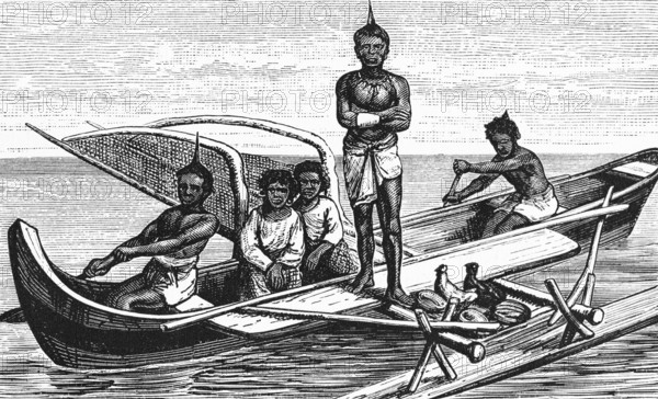Dugout canoe with boom, building material is a hollowed-out trunk of the breadfruit tree, native