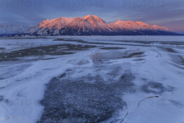 Morning light, clouds, mountains, snowy, winter, ice, Kluane Lake, Kluane Mountains, Yukon, Canada,
