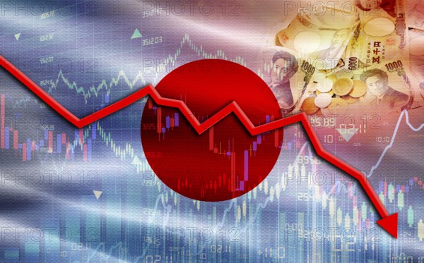 Financial fall of Japan on economy market. Japan financial crisis on economic graph