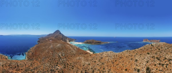 Drone shot, Gramvousa peninsula with view to the beach and bay of Balos, Kolimbari, West Crete,