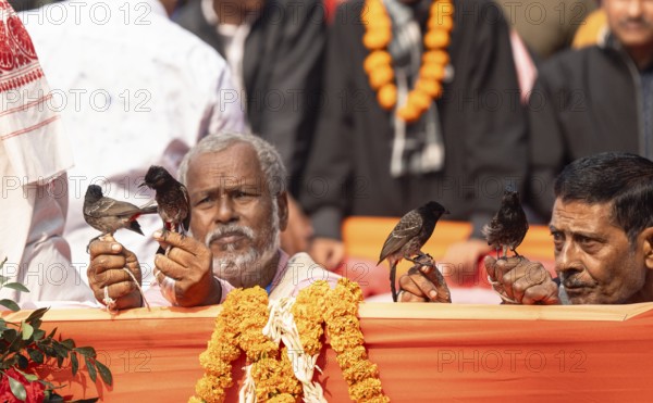 Hajo, India. 15 January 2024. Bird owners hold red-vented bulbuls before fighting during a