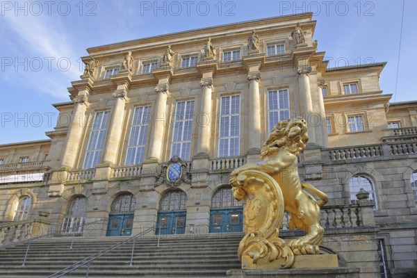 Town hall built in 1909 with golden lion figure, open staircase, historicism, columns, Obere