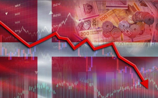 Denmark financial fall on economy market. Denmark financial crisis on economic graph