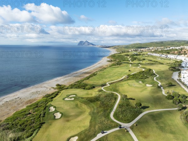 The La Hacienda Links Golf Resort at the Mediterranean Sea with the Rock of Gibraltar (British) in