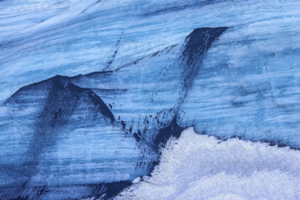 Mýrdalsjökull glacier with layers of black volcanic ash, ice cap on the top of the active Katla