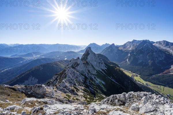 View at the summit of the Große Arnspitze, mountain panorama with Leutasch valley and