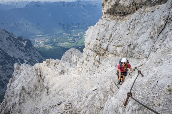 Climber on the Alpspitz via ferrata, via ferrata in the Wetterstein mountains, Bavaria, Germany,