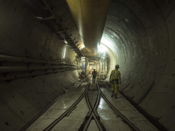 Workers in a tunnel section, construction lot H53 in the Brenner Base Tunnel, Tyrol, Austria,