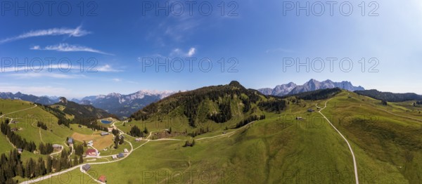 Drone shot, Hochalm, Loferer Alm with view to the Reiteralpe and Loferer Steinberge, Lofer,