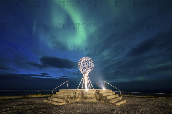 Northern Lights at the North Cape with steel globe, Nordkapp, Finnmark, Norway, Europe