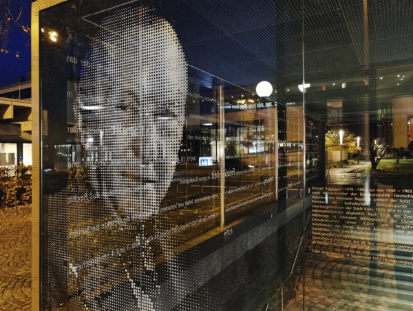 Portrait of Konrad Adenauer on the glass pane at the underground exit Heussallee and Museumsmeile,