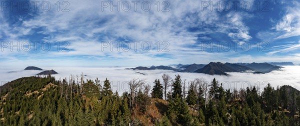 Drone shot, view from Schwarzenberg to a sea of fog in the Salzach valley, Osterhorn group,