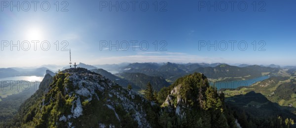Drone shot, summit cross on the Schober with a view of Mondsee and Fuschlsee, Osterhorn group,