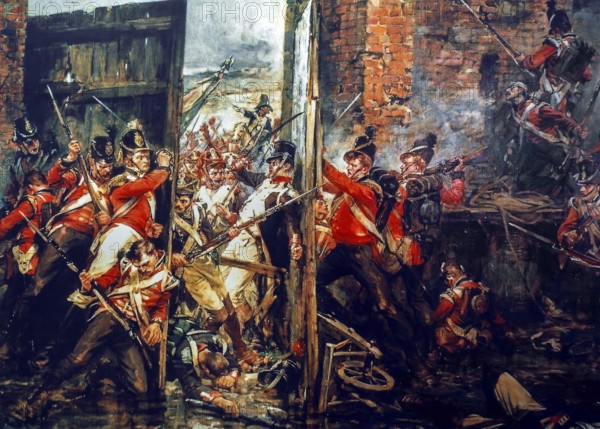 Closing the Gates of Hougoumont, 1903 painting about the 1815 Battle of Waterloo by the Scottish
