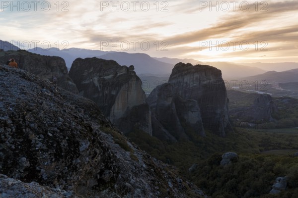 Sandstone formations at dusk, backlight, Meteora, Thessaly, Greece, Europe