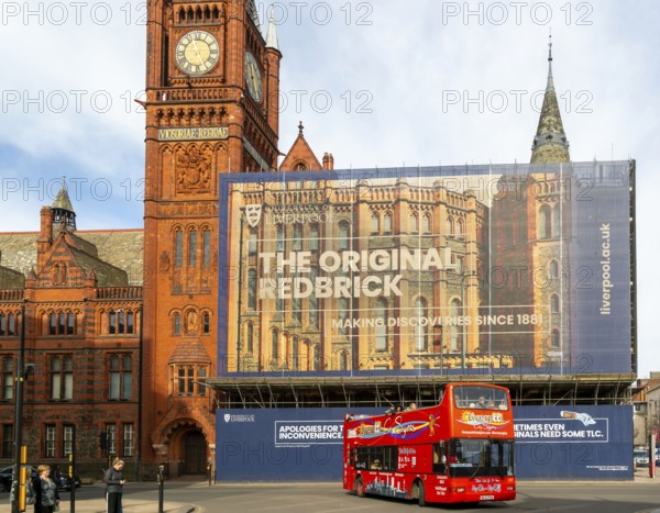 Victoria building clocktower renovation of art gallery, University of Liverpool, England, UK - red