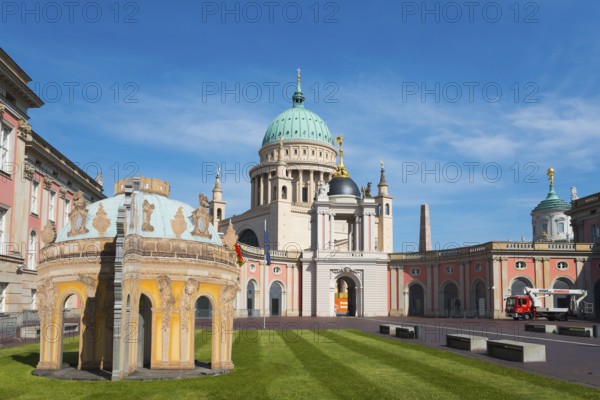 Architectural ensemble with dome in the centre of a well-tended garden, pavilion, Fortuna portal,
