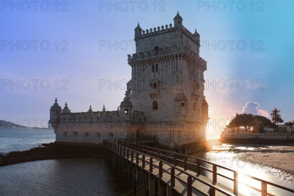 Portugal, Lisbon, Belem Tower at sunset on the bank of the Tagus River, Europe