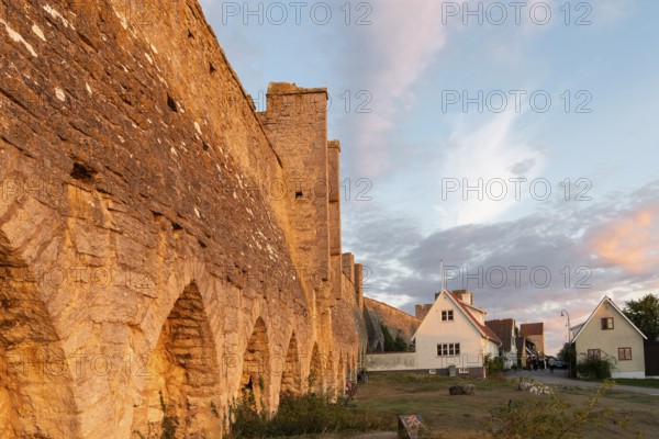 Historic city wall and houses in the evening light, Hanseatic city of Visby, UNESCO World Heritage