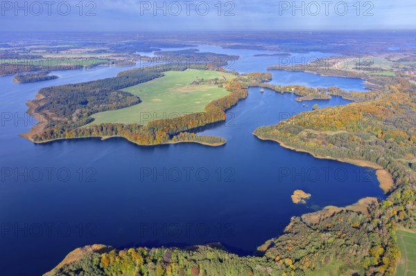 Aerial view over lake Schaalsee at Biosphärenreservat Schaalsee in autumn, fall,