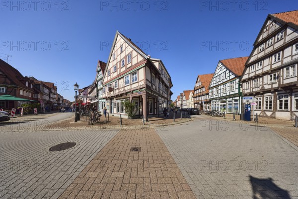 Half-timbered houses, city centre, blue cloudless sky, intersection Kleiner Plan with Am Heiligen