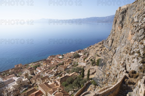 Byzantine castle town of Monemvasia, Monemvassia, Monemwassia, Monembasia, in the Myrtoan Sea,