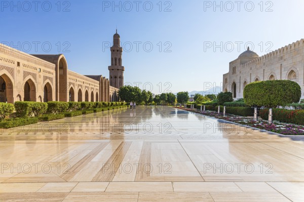 Inner courtyard with minaret, covered with marble slabs, Sultan Qaboos Mosque, Muscat, Arabian